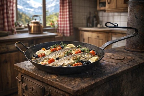 ALPENLINE geschmiedete Eisenpfanne ø 28 cm mit Schwanenstiel und Gegengriff